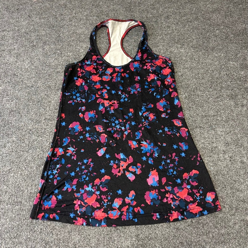 Lululemon Tank Top Womens Size 4 Black Pink Blue Abstract Floral Racerback Yoga